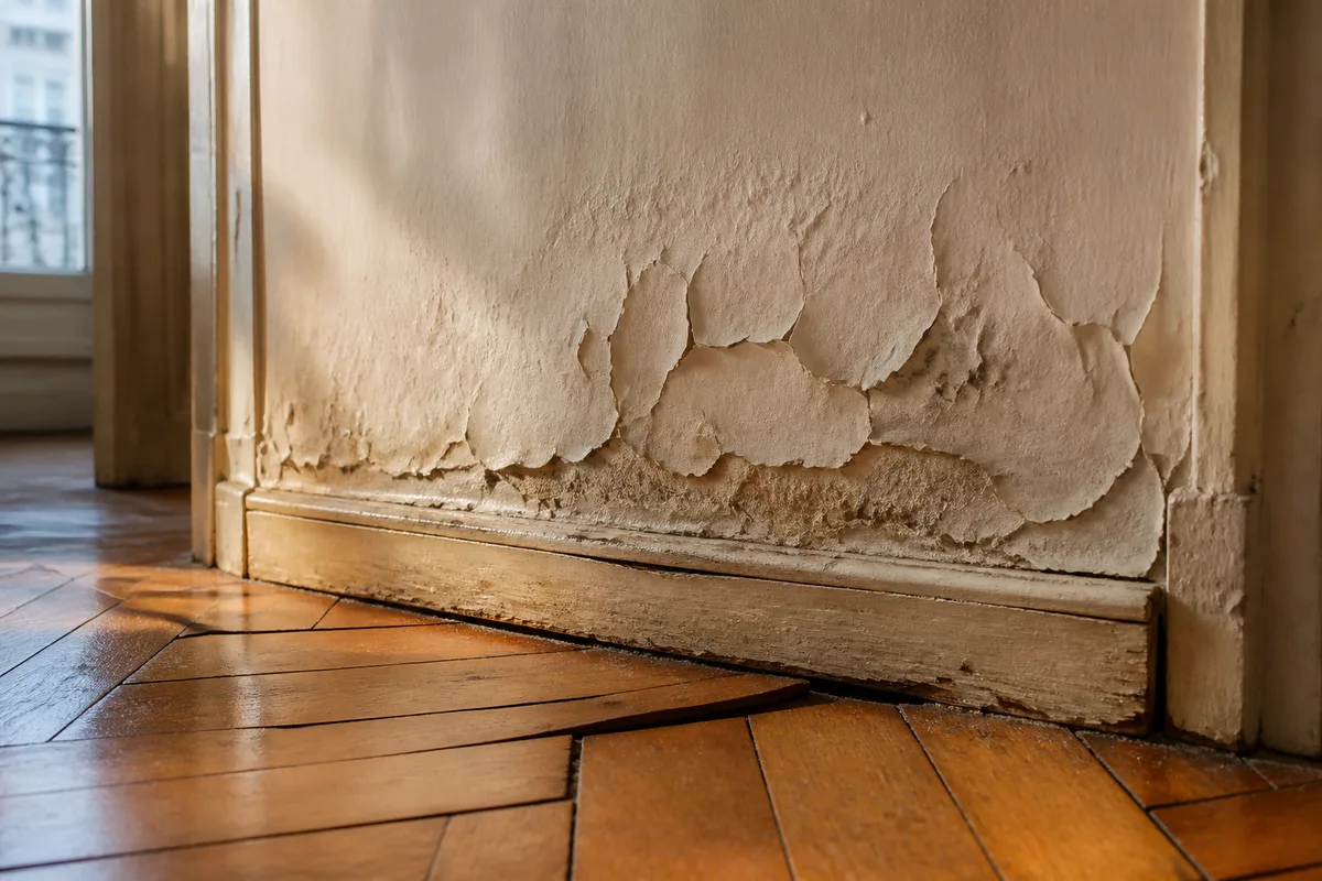 Tache d humidite qui s elargit au bas d une cloison peinte dans un appartement ancien, plinthe gondolee, lumiere rasante