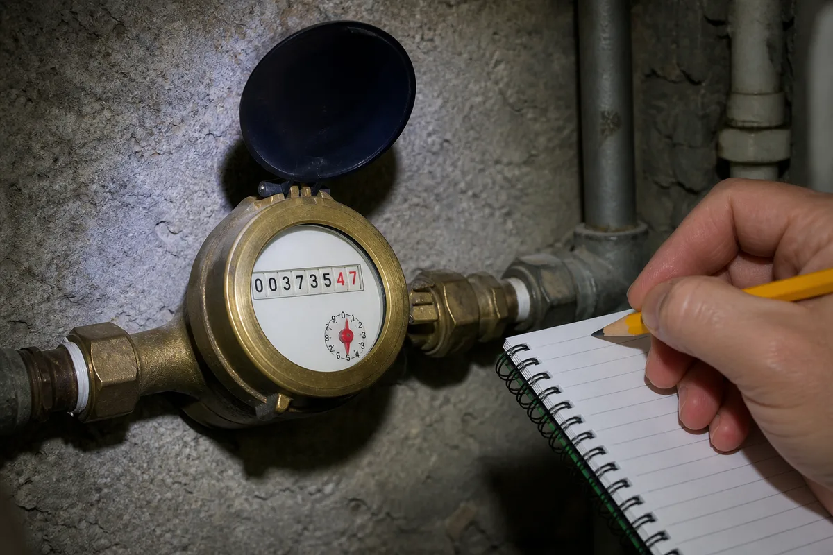 Compteur d eau domestique en gaine technique, index visible au litre pres, main tenant un carnet de releve