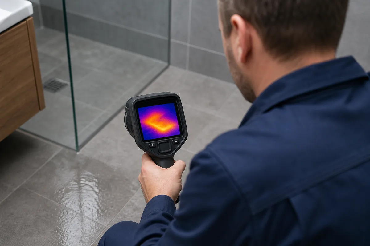 Technicien accroupi passant une camera thermique sur un carrelage de salle d eau, ecran de l appareil en gros plan