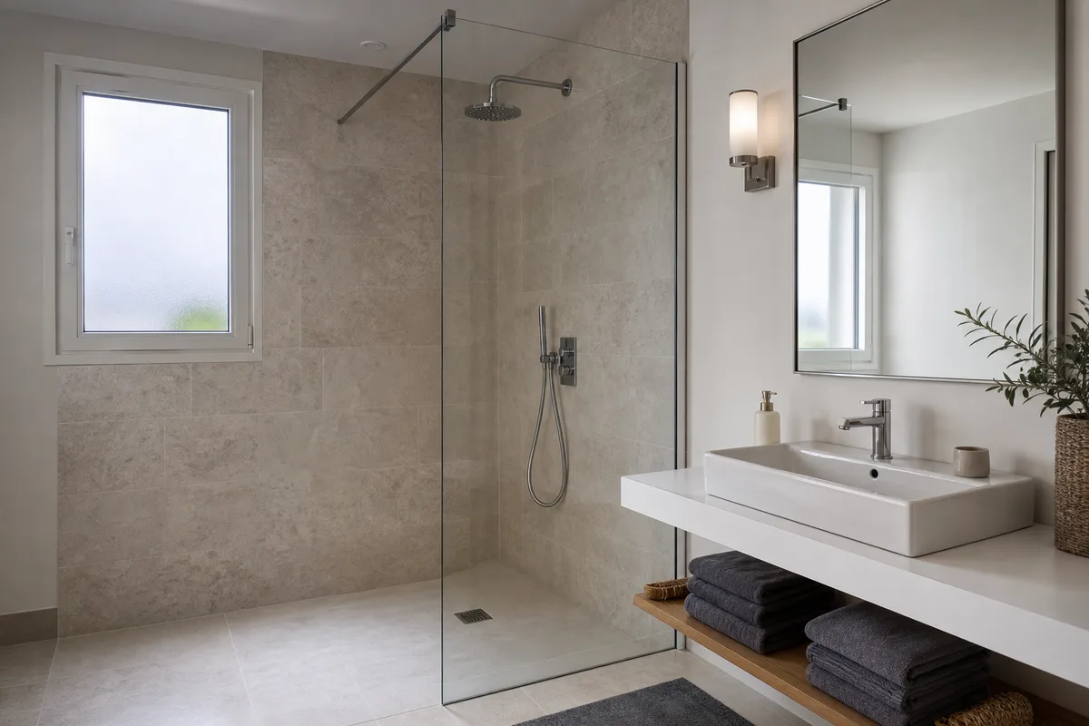 Douche de plain-pied carrelée dans une salle de bains française, applique murale étanche au-dessus du lavabo