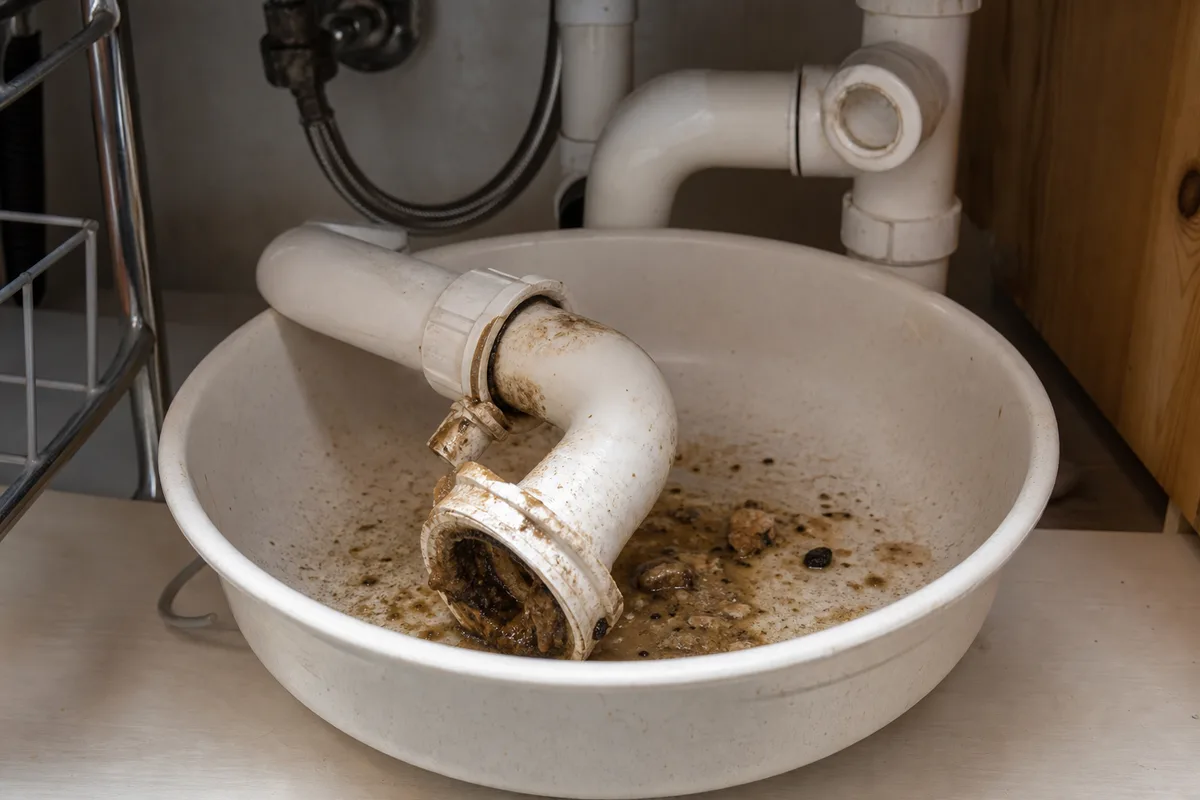 Siphon d&rsquo;évier démonté rempli de résidus et de graisses figées