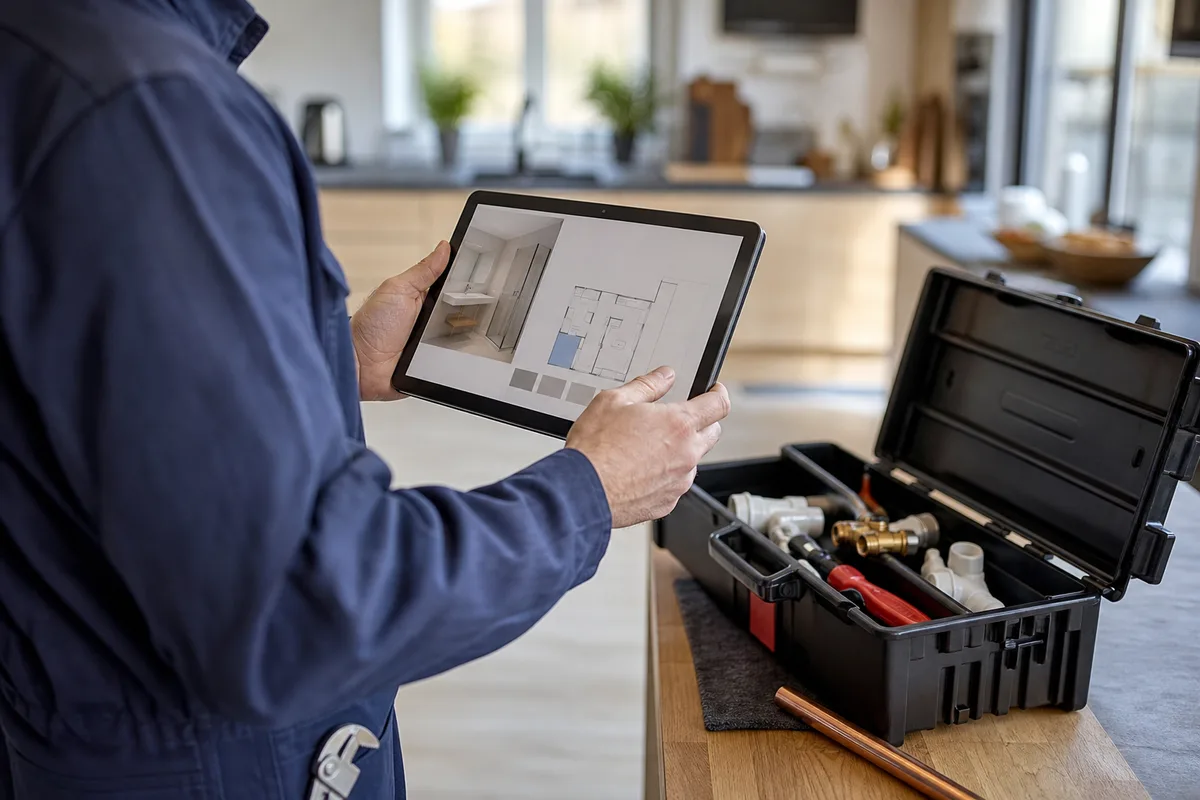 Plombier local présentant un devis de dépannage sur une tablette dans une cuisine