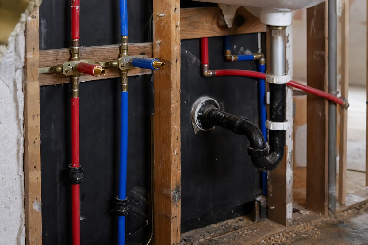 Plombier raccordant l&rsquo;alimentation d&rsquo;eau et l&rsquo;évacuation d&rsquo;une salle de bains en rénovation