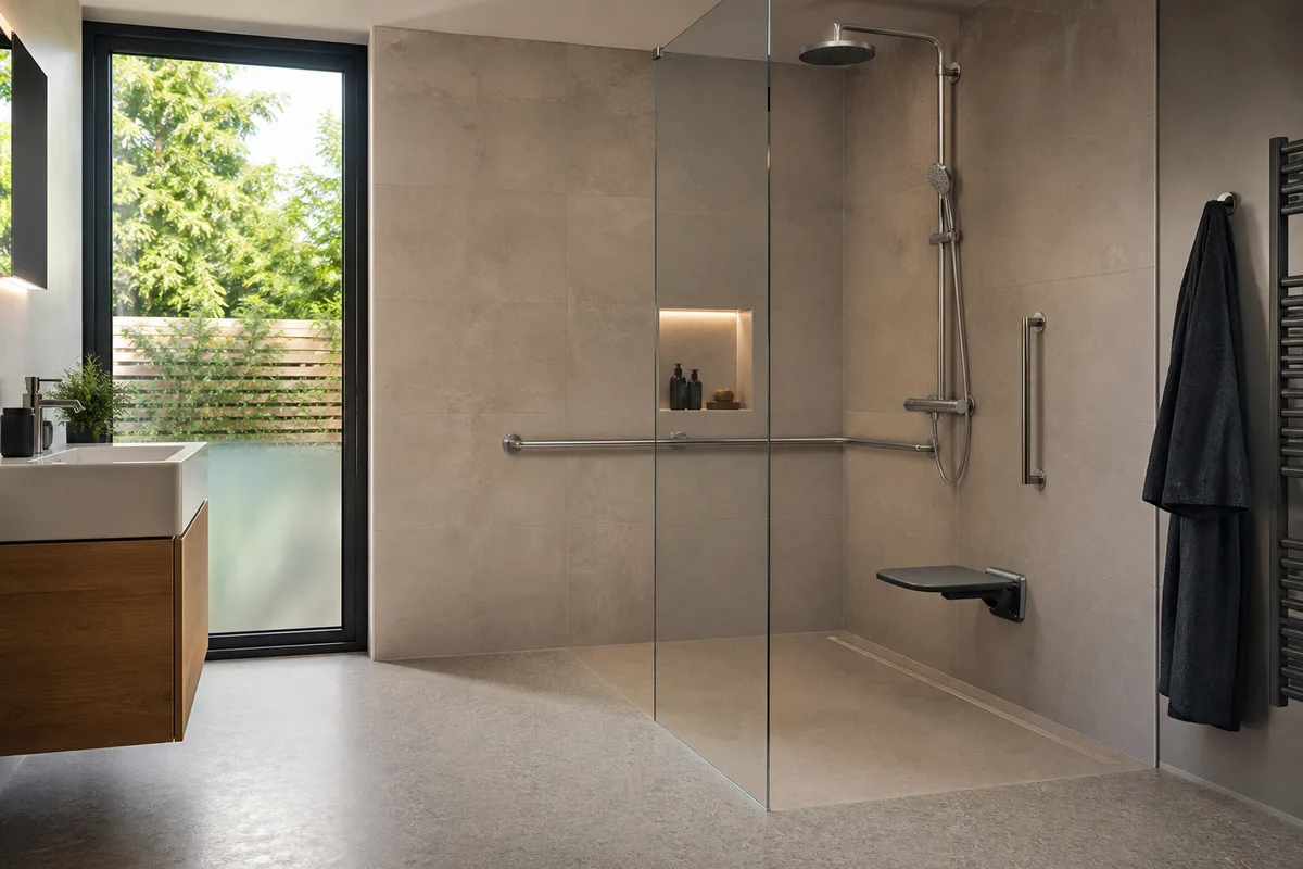 Douche à l&rsquo;italienne avec receveur extra-plat et barre d&rsquo;appui dans une salle de bains à Brest