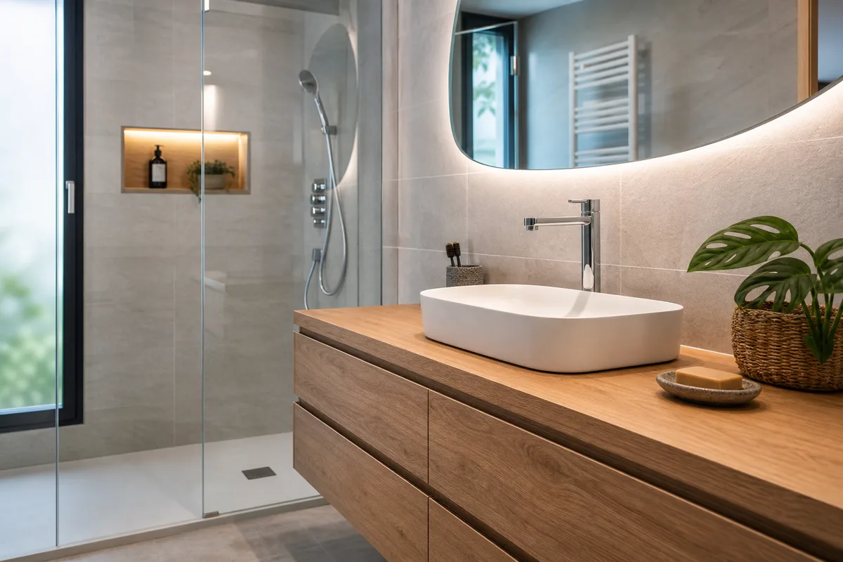 Meuble vasque et miroir dans une salle de bains clés en main rénovée près de Brest