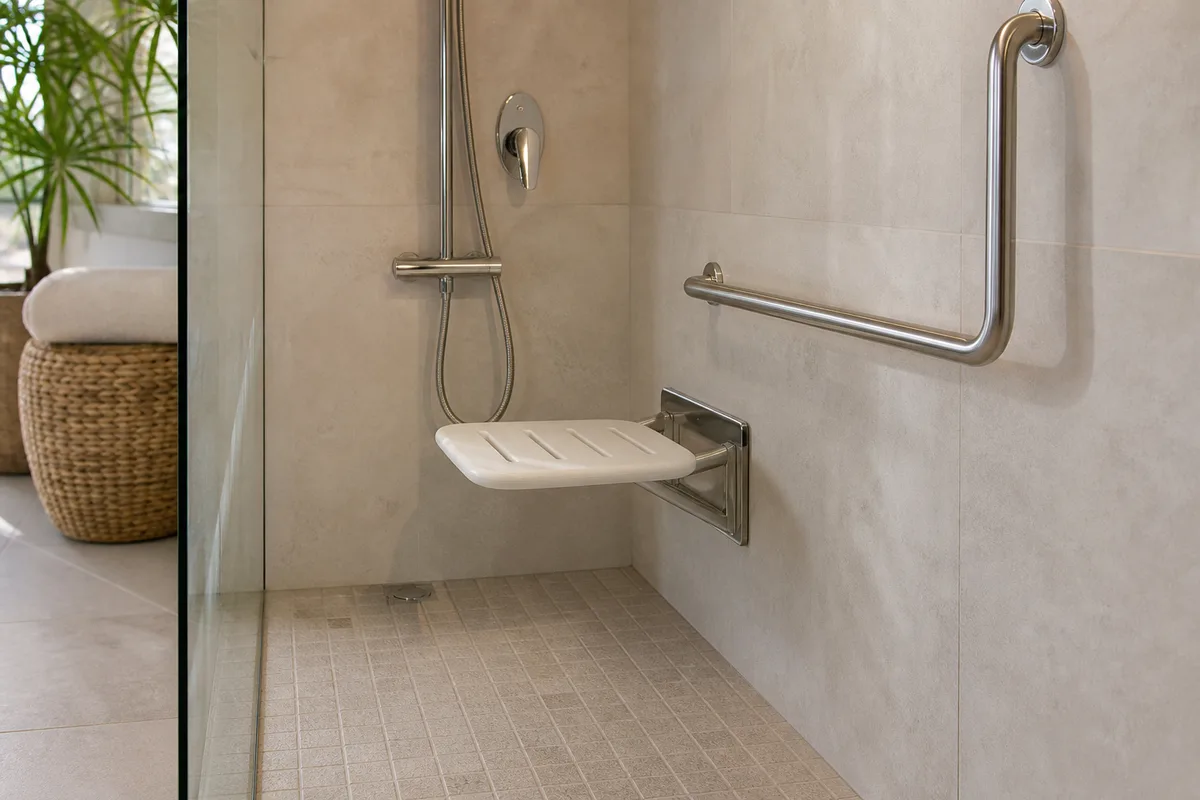 Douche à l&rsquo;italienne senior avec receveur extra-plat, sol antidérapant et barre d&rsquo;appui