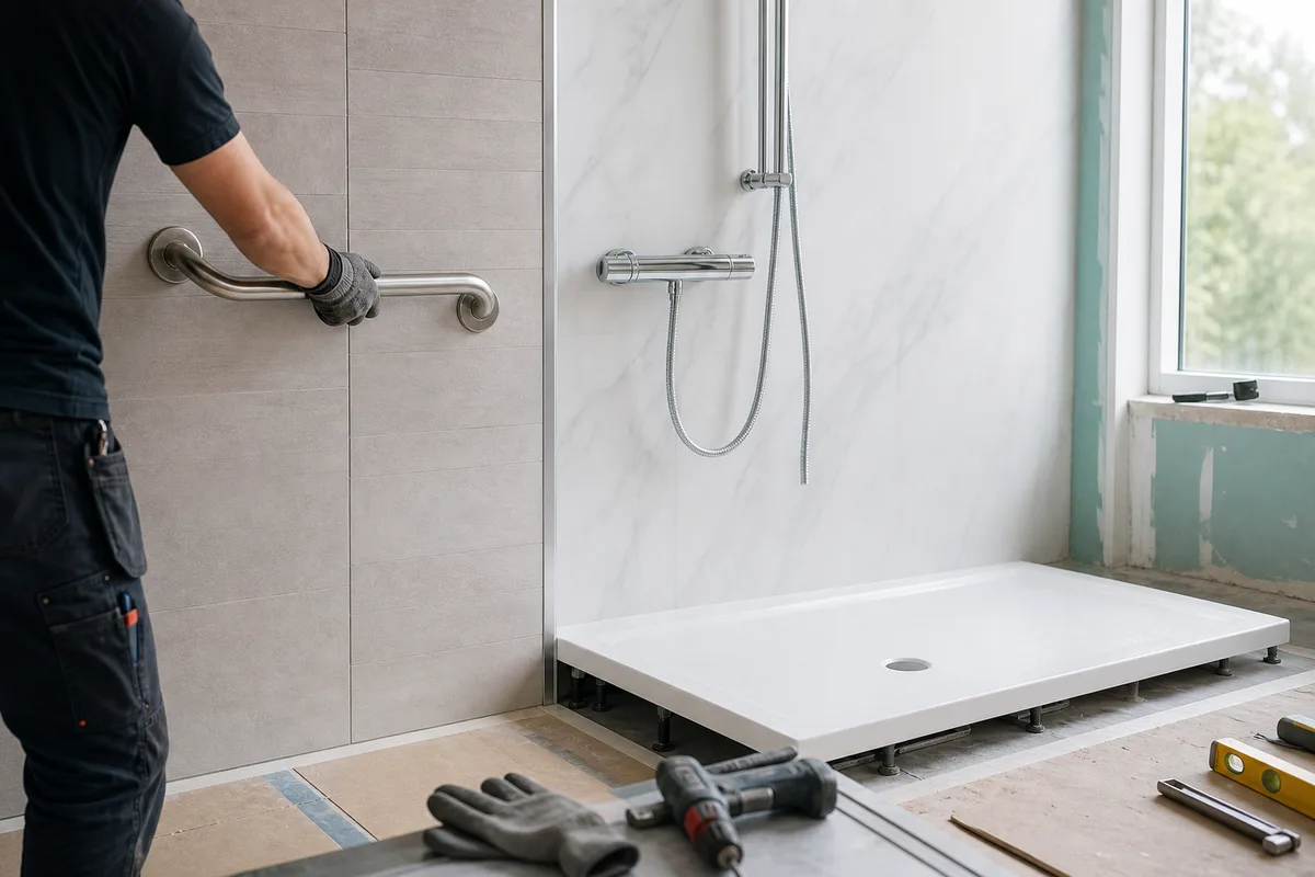 Plombier installant une barre d&rsquo;appui et un mitigeur thermostatique dans une salle de bains accessible